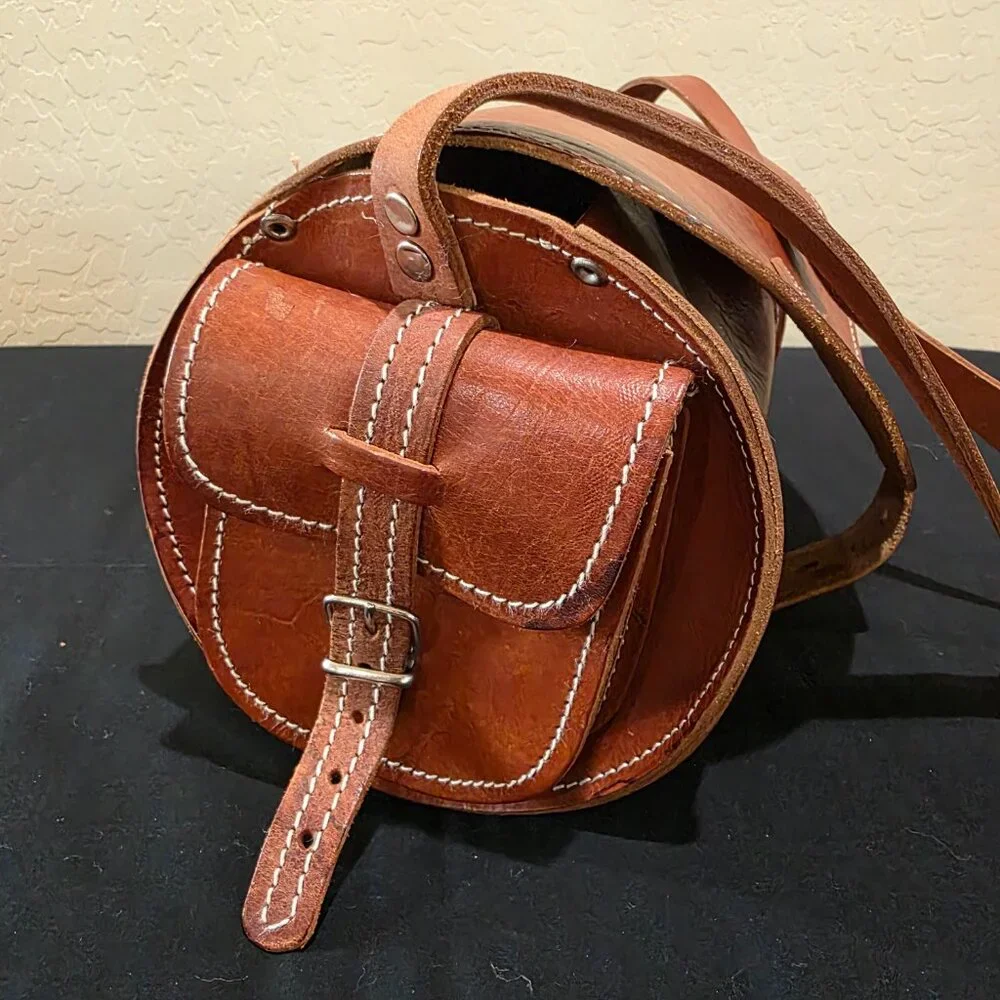 Vintage Handmade Hazelnut Brown Genuine Leather Barrel Purse Crossbody Bag
